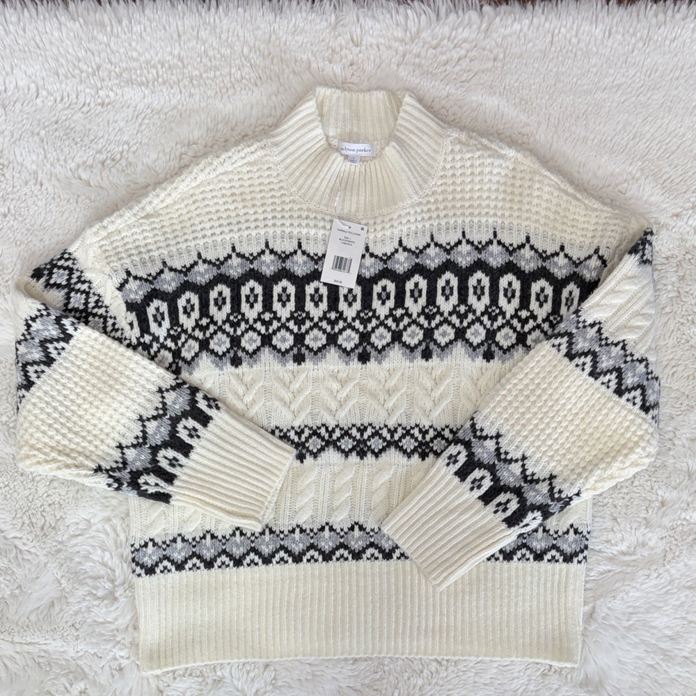 Adyson Parker Black and white Fair Isle Cable Knit Sweater,Size L. - Picture 16 of 17